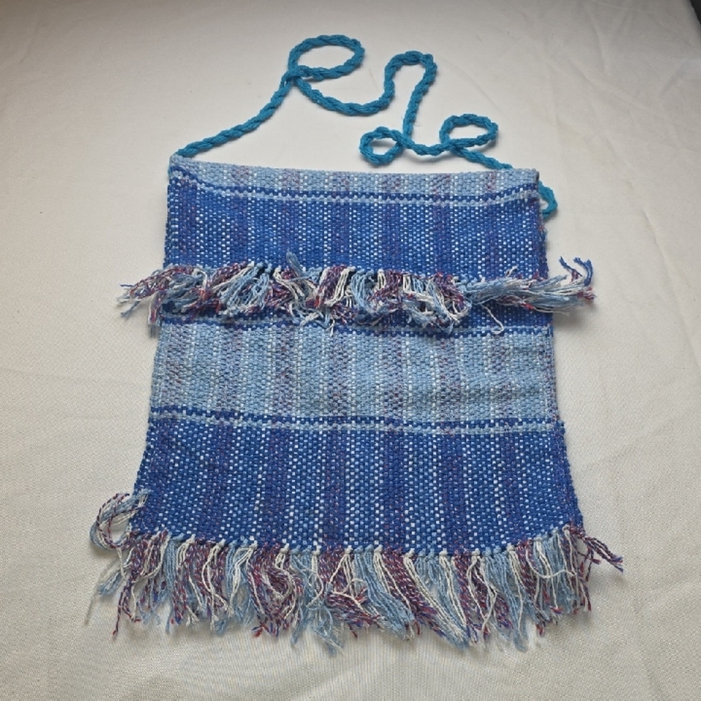 Handwoven Shades Of Blue W/Red/White/Blue Fringe Bag Tote 14.5x12 EUC